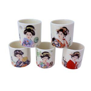 Sake Cups, Set of 5 Japanese Sake Set, Geisha Print, Vintage